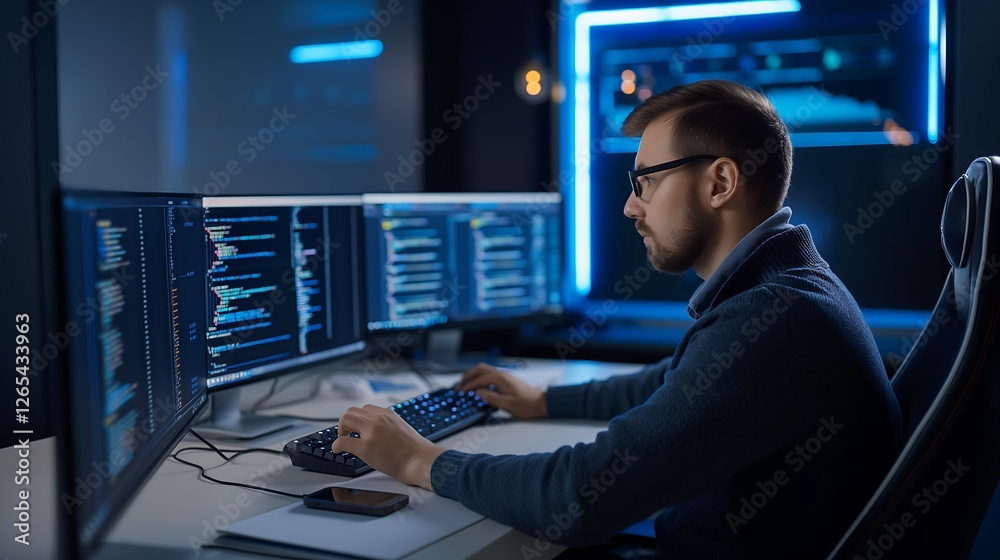 Poster a focused male tech worker sitting at a sleek workstation, typing on a futuristic keyboard with mult