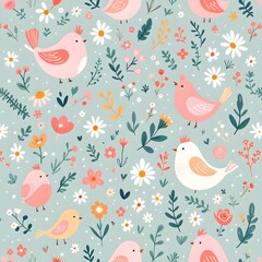 Whimsical Floral Pattern with Birds and Flowers in Pastel Colors