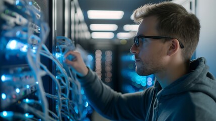 A male tech engineer in a server room, wearing a casual hoodie and glasses, carefully inspecting high-performance racks of glowing blue-lit data servers, cables neatly arranged