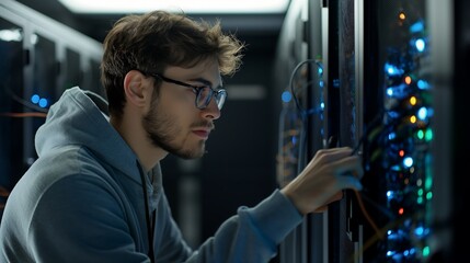 A male tech engineer in a server room, wearing a casual hoodie and glasses, carefully inspecting high-performance racks of glowing blue-lit data servers, cables neatly arranged