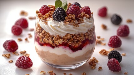 An ultra-realistic digital photography with A fresh and tangy Greek yogurt parfait with layers of granola, honey, and mixed berries,