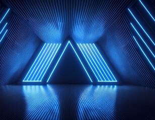 Naklejka premium 3d render, blue neon abstract background, ultraviolet light, night club empty room interior, tunnel or corridor, glowing panels, fashion podium, performance stage decorations.