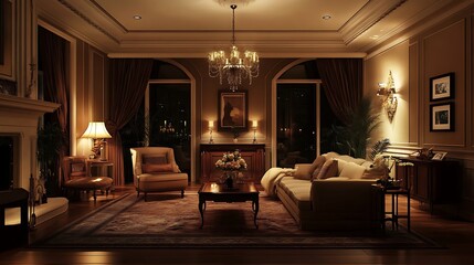 Modern living room interior at night, featuring dim ambient lighting, elegant furniture, and cozy décor in a contemporary design