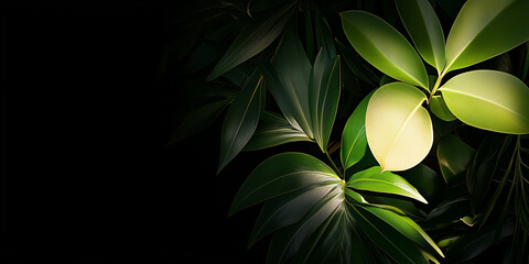 Detailed macro shot of glossy green leaves on a dark background