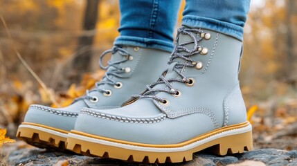 Stylish blue boots on a rocky autumn trail
