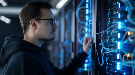 A male tech engineer in a server room, wearing a casual hoodie and glasses, carefully inspecting high-performance racks of glowing blue-lit data servers, cables neatly arranged