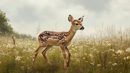 Naklejka premium Fawn in meadow, cloudy sky background