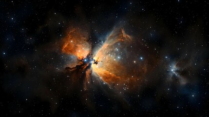 Orange Brown Nebula with Blue Stars in Dark Space