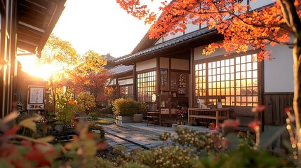 Fototapeta premium Autumn Sunset in a Japanese Village