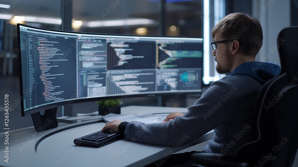 Poster a young software developer working on an advanced ai system, sitting at a stylish desk with a curved