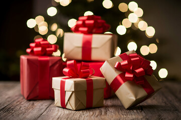Obraz premium Wrapped gifts with red ribbons sit on wooden surface, glowing lights behind