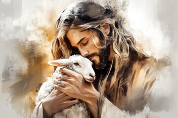 Jesus embracing a lamb with love and compassion. Digital watercolor illustration
