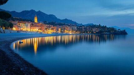 Obraz premium Calm mediterranean sea reflecting evening lights of menton, france