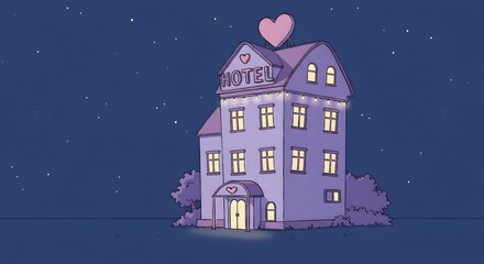 Fototapeta premium Charming Hotel Building with Heart Sign at Night Under Starry Sky