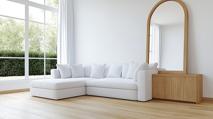 Fototapeta premium This elegant living room showcases a curved sofa paired with a mirror cabinet, surrounded by minimalist decor and boho-style elements
