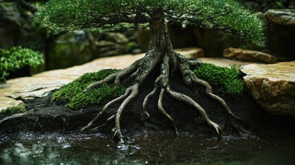 Fototapeta premium Zen garden bonsai roots, moss, water feature, tranquil background