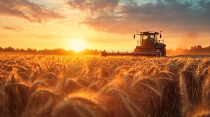 Harvesting Wheat Field at Sunset with Combine Harvester