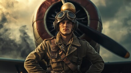 Thoughtful World War I Pilot with Plane and Grit