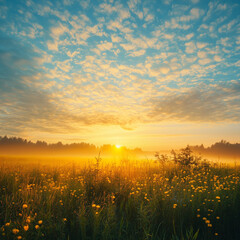 Autumn Breeze: Morning Mist Over a Beautiful Meadow, sunset over the field