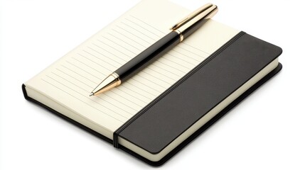 Elegant Black Notebook with a Golden Pen on Clean White Background