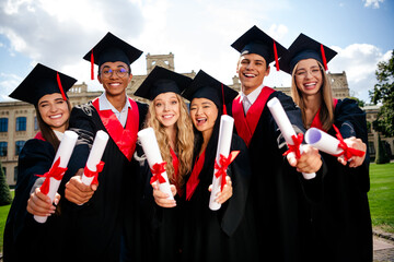 Photo of company groupmates students show diploma mortarboard gown graduate college building...