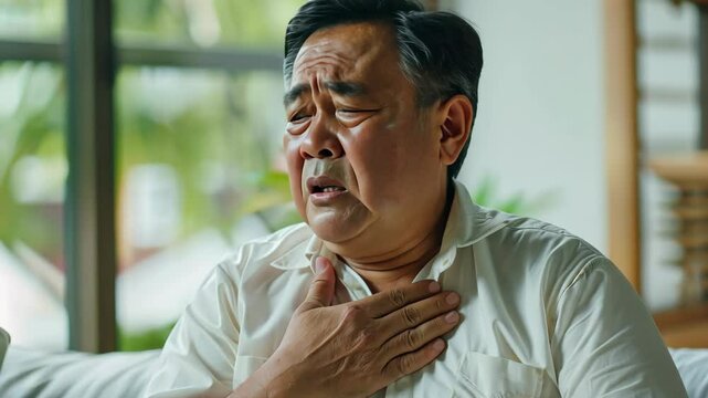 An elderly man 65 years old sits at home alone and holds his hand on his chest from heart pain or stress, a man suffers from heart or chest pain