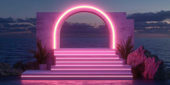 Colorful neon archway with stairs by the sea at sunset creates a vibrant atmosphere for events