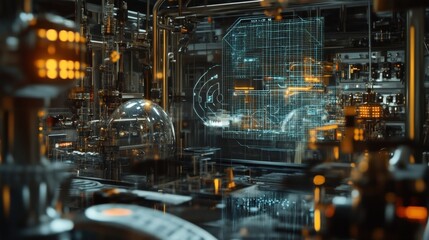 Fototapeta premium An intricate view of connected machinery with visible wiring and interfaces highlighting embedded cybersecurity hardware. The scene suggests the defensive measures integrated into operational