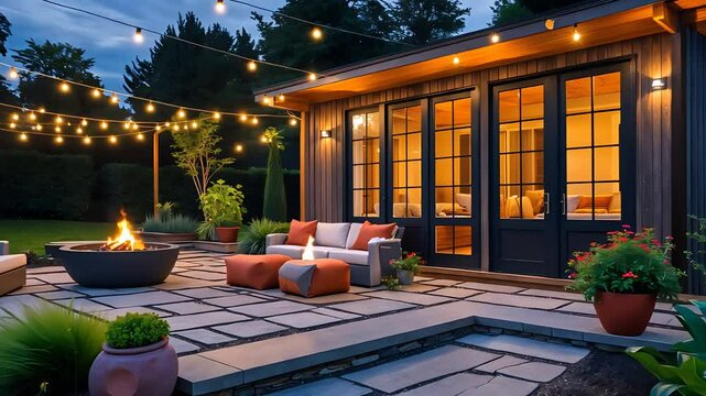 Cozy outdoor patio with string lights and warm fire pit ambiance