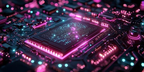Obraz premium Neon-Tech Circuit Board: Alien-Inspired Pathways with Luminous Sci-Fi Aesthetics 