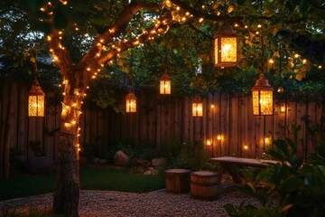 Lanterns hanging from tree branches illuminating backyard garden at night