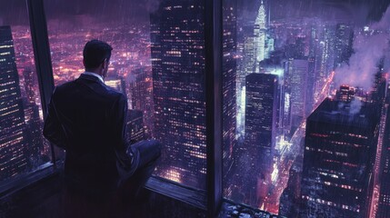 CEO looking out of a skyscraper window, contemplating an important decision, moody lighting