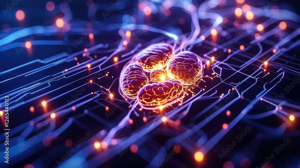 Poster 3d digital representation of interconnected brains with glowing neural pathways, showcasing advanced