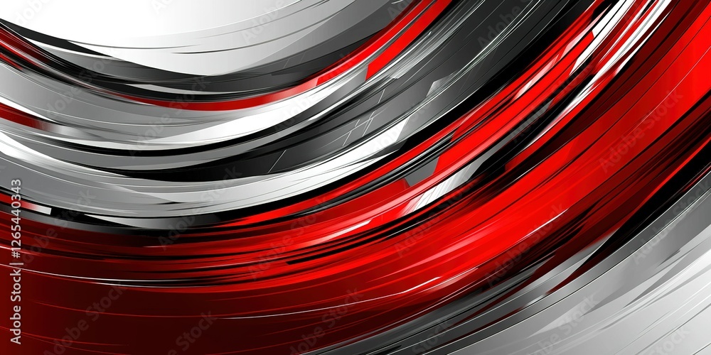 Poster dynamic red and silver abstract wave design with smooth curves and flowing lines in modern artistic 