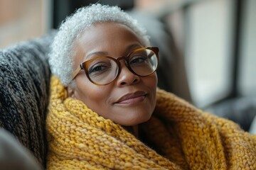 Dreamy senior woman in comfy outwear and eyeglasses resting on couch in living room, looking aside at copy space and smiling at home, Generative AI