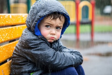 a little boy sitting alone on a bench, hugging his knees with teary eyes, surrounded by a quiet, empty playground in the rain