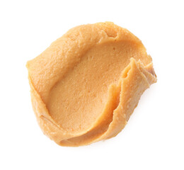 Sample of tasty nut butter isolated on white, top view