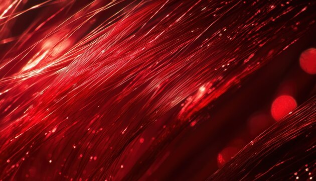 Close-Up View Of Vibrant Red Fiber Optic Strands, Showing Their Intense Heat And Dazzling Visual Appeal In Detail.