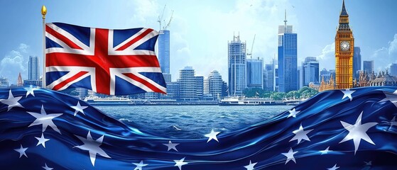 UK flag over city skyline with Aus flag