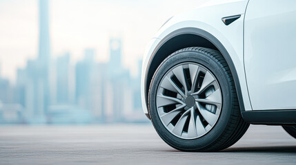 Car wheel close-up urban cityscape automotive daylight perspective