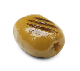 One grilled green olive isolated on white