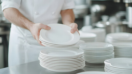 Chef stacking clean plates in a commercial kitchen. Crisp whites convey hygiene and professionalism. Preparing for service.