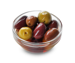 Delicious marinated olives in bowl isolated on white