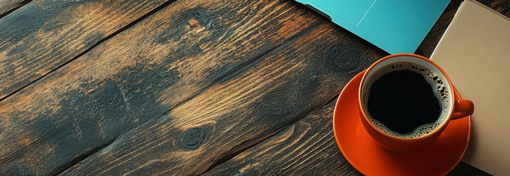 Warm coffee cup on rustic wooden table with colorful folders and notepad nearby in cozy workspace