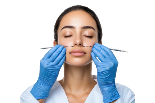 Cosmetic procedure on woman's face, surgeon with blue gloves, isolated on transparent background - Powered by Adobe
