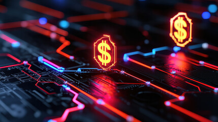 Digital currency symbols glowing on circuit board, representing modern finance and technology. vibrant colors create futuristic atmosphere, highlighting innovation in digital transactions