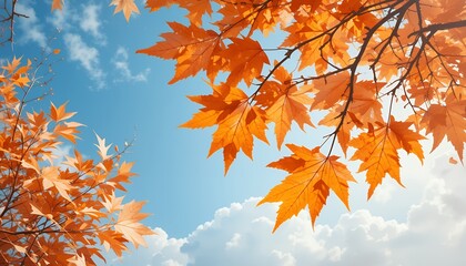 Golden canopy: Autumnal maple leaves against a backdrop of blue sky and fluffy clouds