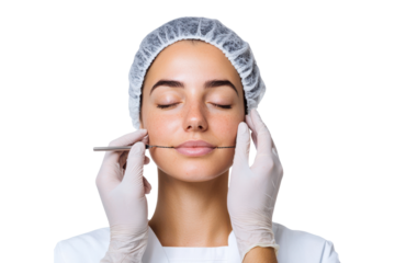Cosmetic surgery consultation, woman with facial markings, doctor in gloves, isolated on transparent background