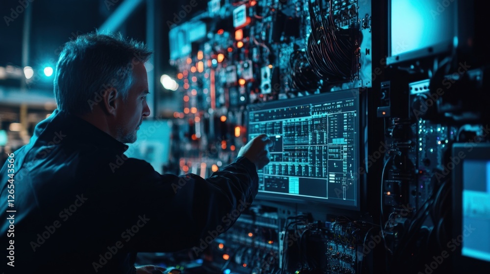 Poster electrical engineer managing and controlling servers in modern data center, working on computer with