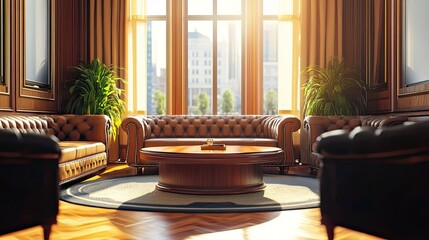 An elegant business lounge with plush seating, large windows, and a polished wooden table.